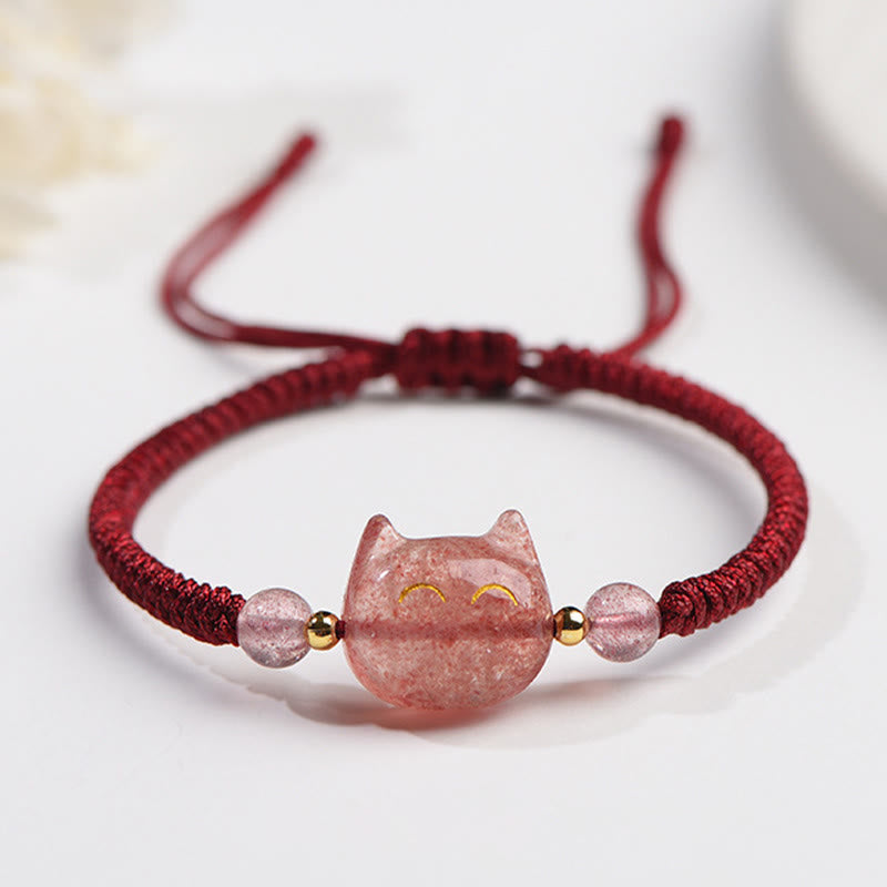 Buddha Stones Handmade Natural Silver Sheen Obsidian Strawberry Quartz Cat Protection Braided Bracelet
