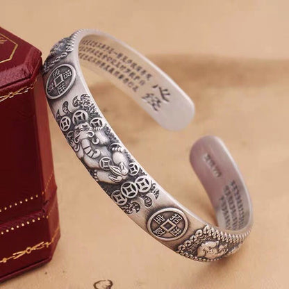 Buddha Stones Tibetan Pixiu Heart Sutra Coin White Copper Wealth Bracelet Adjustable Bangle