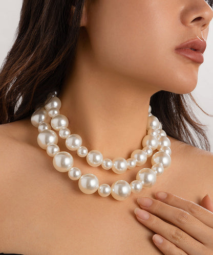 White Sterling Silver Alloy Pearl Gratuated Bead Necklace Two-piece Set