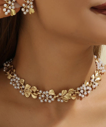 Ginkgo Leaf Copper With Hollow Out Pearl Collar Necklace and Stud Earrings Two Piece Set