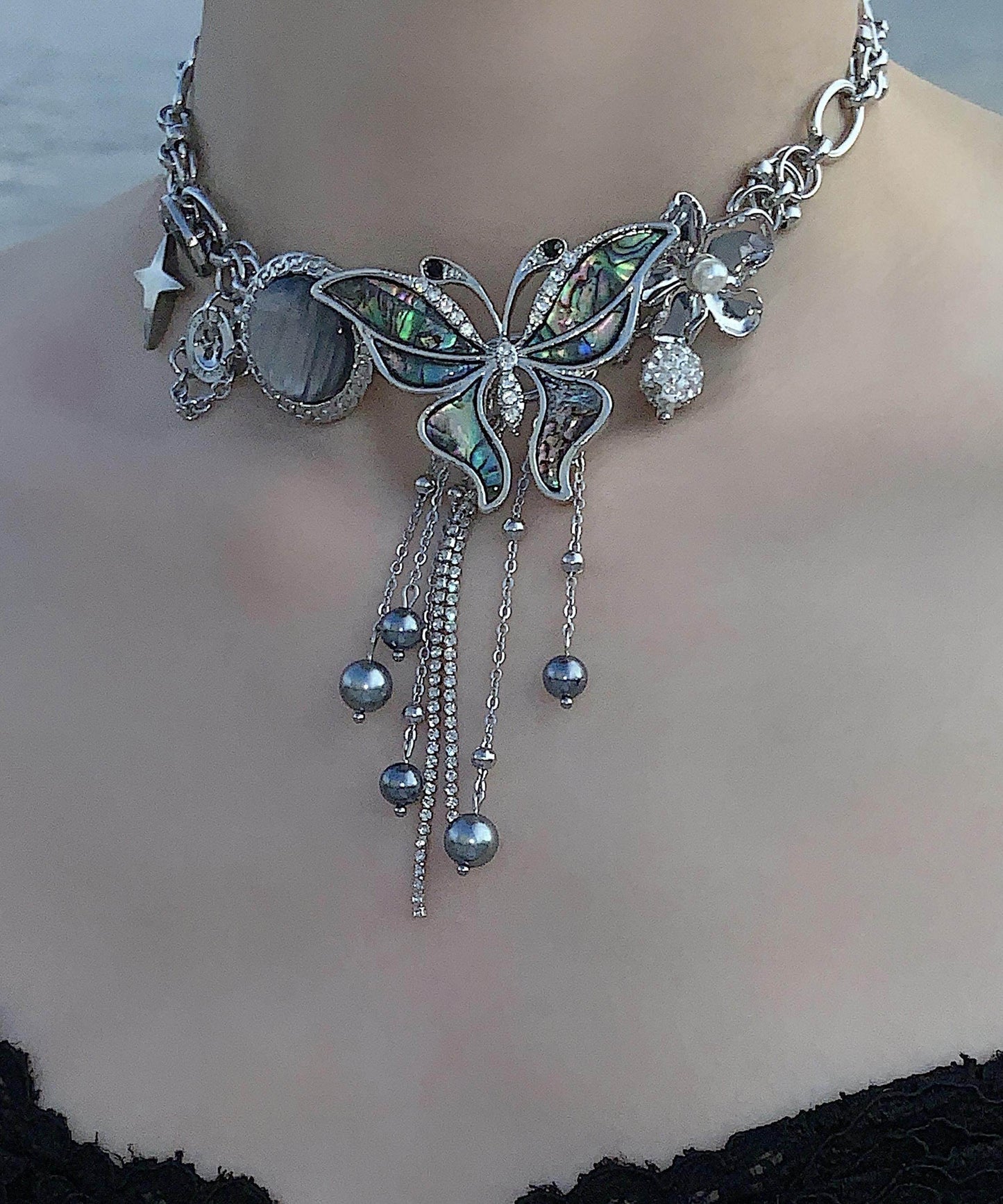 Diy Black Butterfly Tassel Zircon Adjustable Alloy Choker