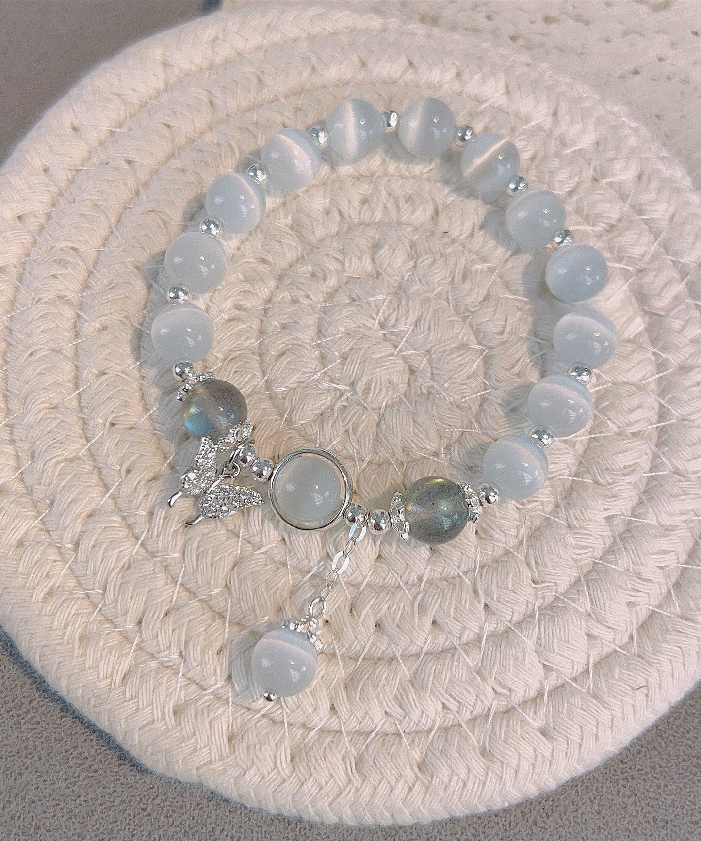 Stylish Blue Sterling Silver Crystal Cat's Eye Stone Butterfly Tassel Charm Bracelet