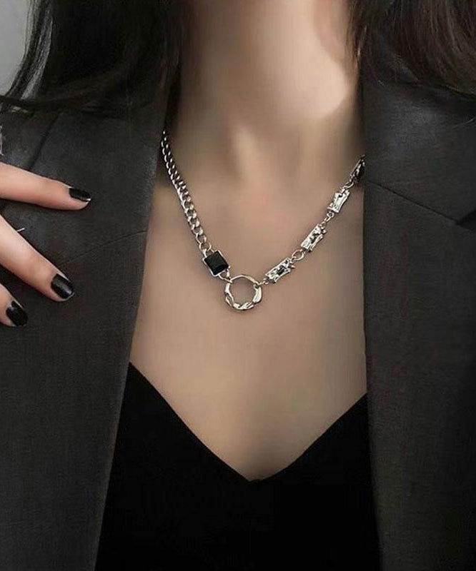 Unique Silk Sterling Silver Obsidian Asymmetrical Patchwork Lariat Necklace