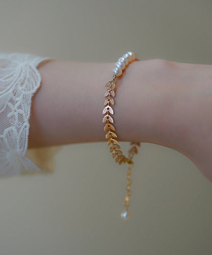 Gold Sterling Silver Alloy Pearl Leaves Tassel Charm Bracelet