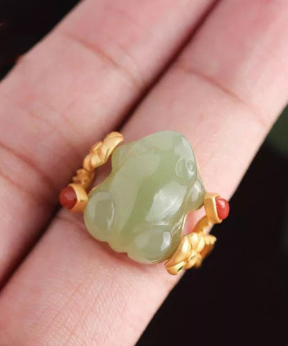 Classy Green Sterling Silver Overgild Jade a Mythical Wild Animal Rings