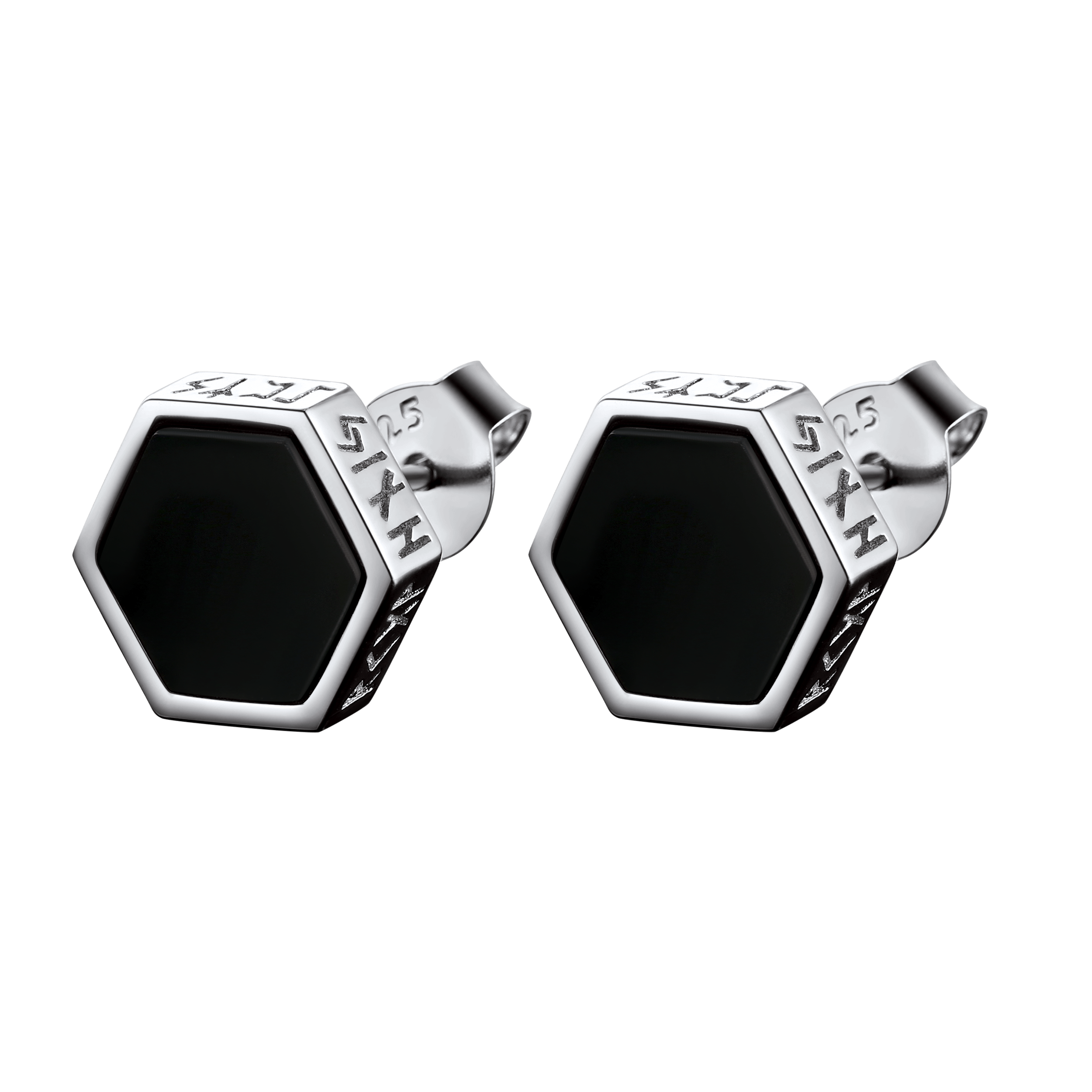 Hexagon Viking Rune Black Onyx Stud Earrings for