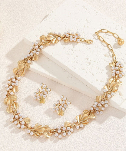Handmade Pearl Metal Ginkgo Leaf Hollow Necklace Earring Set
