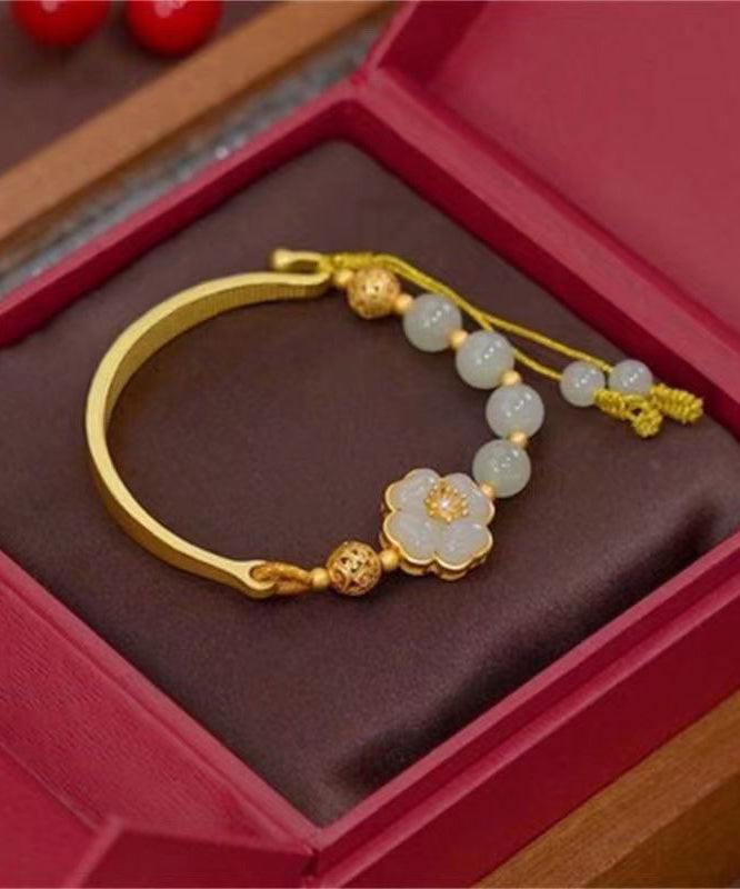 Retro Light Green Sterling Silver Overgild Jade Charm Bracelet