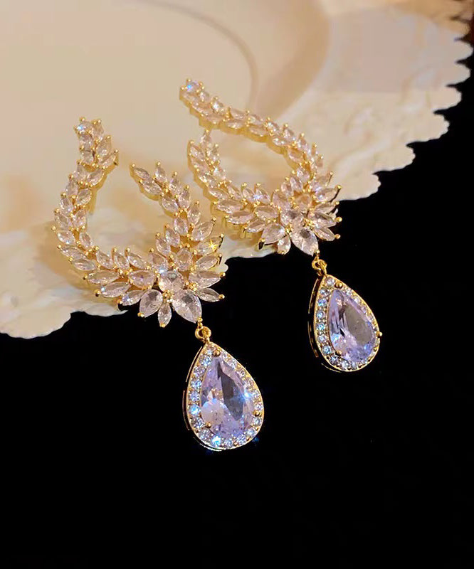 Gold Copper Overgild Zircon Leaf Water Droplet Drop Earrings