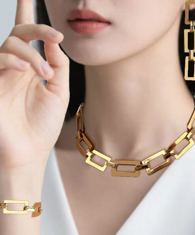 Gold Copper Alloy Chain Drop Earrings, Bracelet and Lariat Necklace Three-piece Set