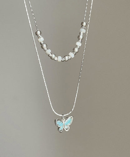 Boutique Blue Copper Crystal Butterfly Double-layer Pendant Necklace