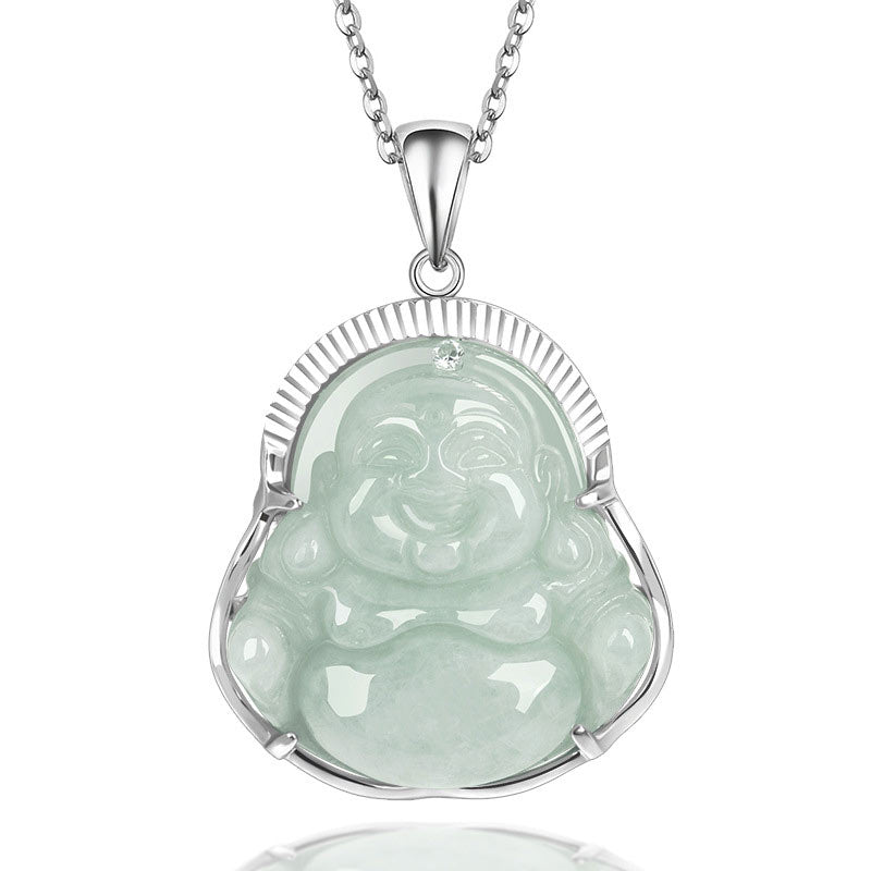 Buddha Stones Laughing Buddha Jade Luck Calm Titanium Steel Chain Necklace Pendant