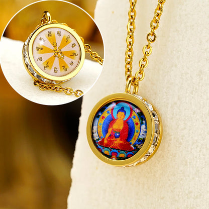 Buddha Stones Tibetan Yellow God of Wealth Green Tara Buddha Serenity Titanium Steel Necklace Pendant
