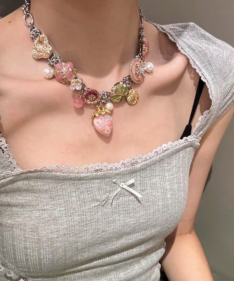 Rainbow Stainless Steel Strawberry Sea of Flowers Pendant Necklace