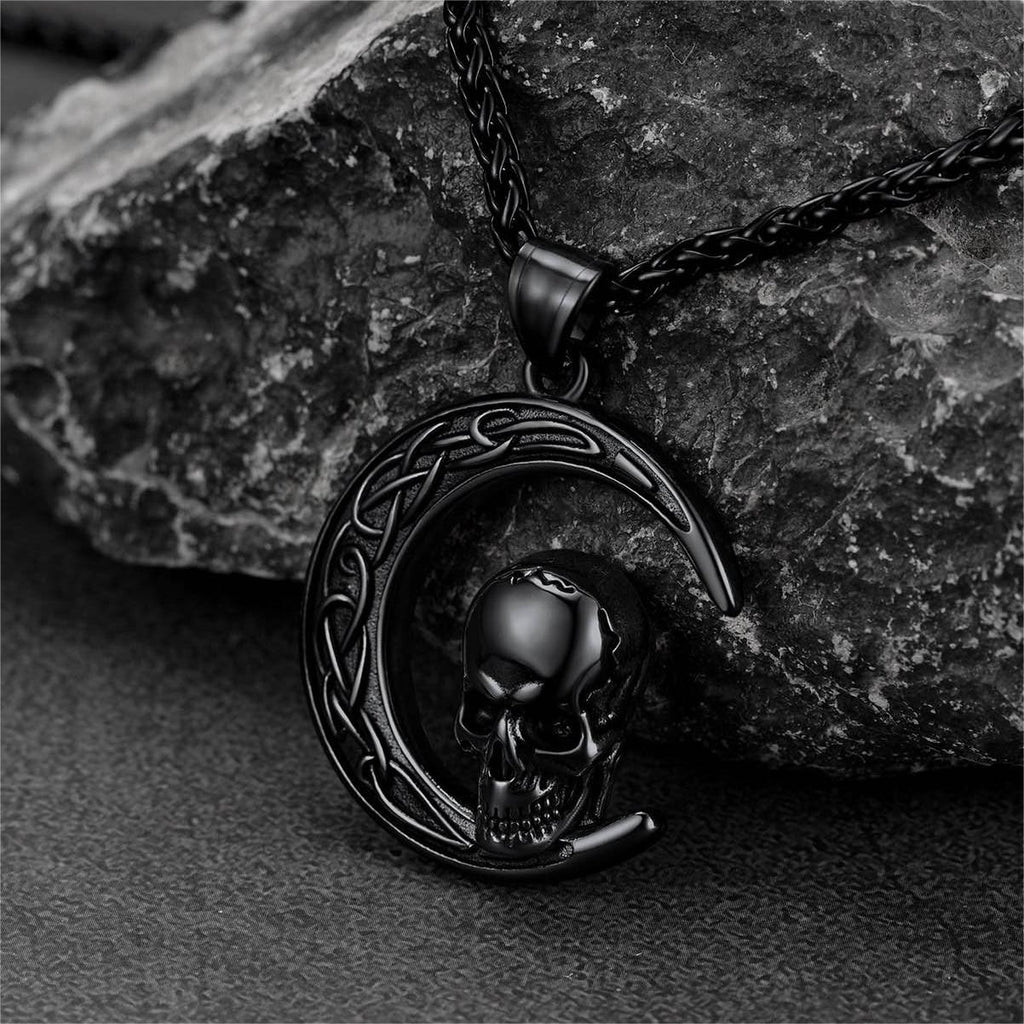 Flash Celtic Crescent Moon Skull Necklace for