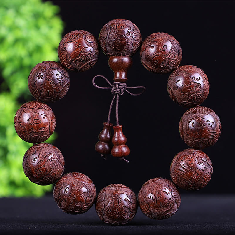 Buddha Stones Chinese Zodiac Rosewood Ebony Copper Coin Pixiu Carved Warmth Bracelet