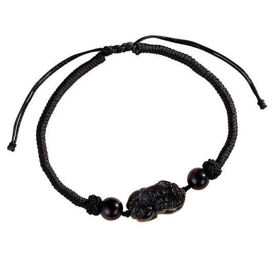Buddha Stones Handmade Natural Silver Sheen Obsidian Strawberry Quartz Pixiu Protection Braided Bracelet