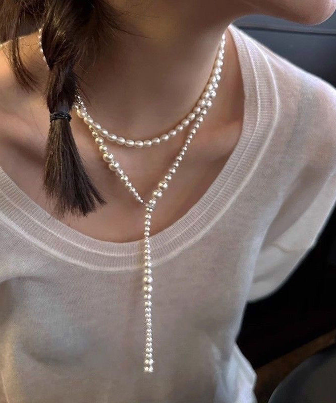 White Alloy Pearl Beading Sweater Gratuated Bead Necklace