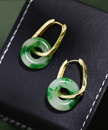 Green Sterling Silver Overgild Jade Hoop Earrings