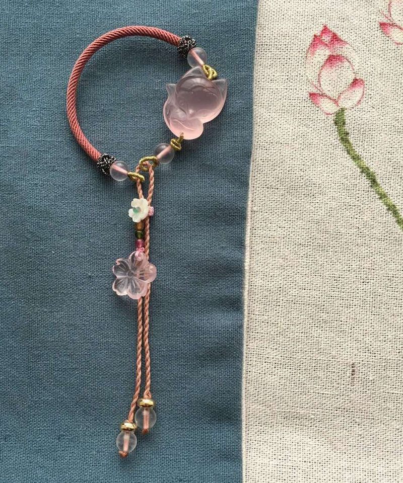 Pink Hand Knitting Crystal Furong Stone Fox Charm Bracelet