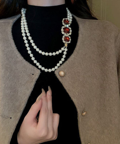 Red Alloy Zircon Bilayer Pearl Graduated Bead Necklace