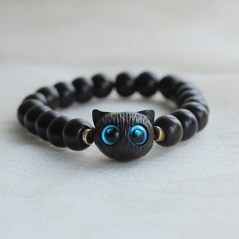 Buddha Stones Ebony Wood Green Sandalwood Cat Peace Bracelet