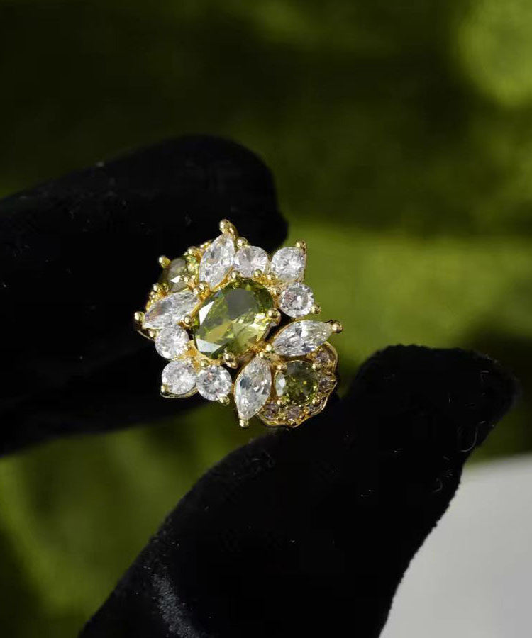 Stylish Olive Green Copper Alloy Zircon Gem Stone Open Rings Two-piece Set