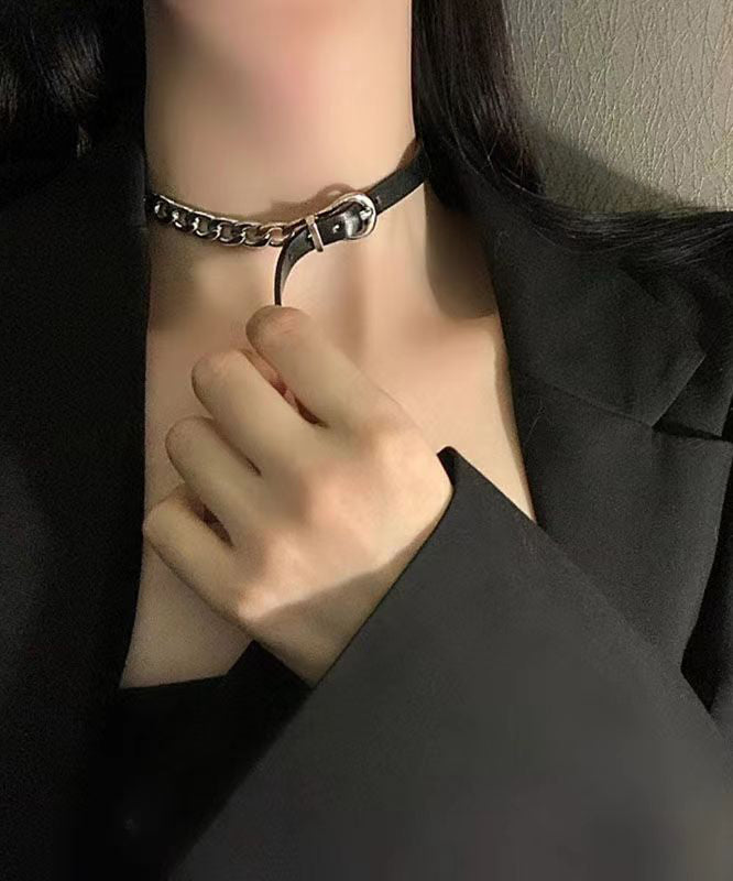 Black Alloy Chain Patchwork Leather Choker