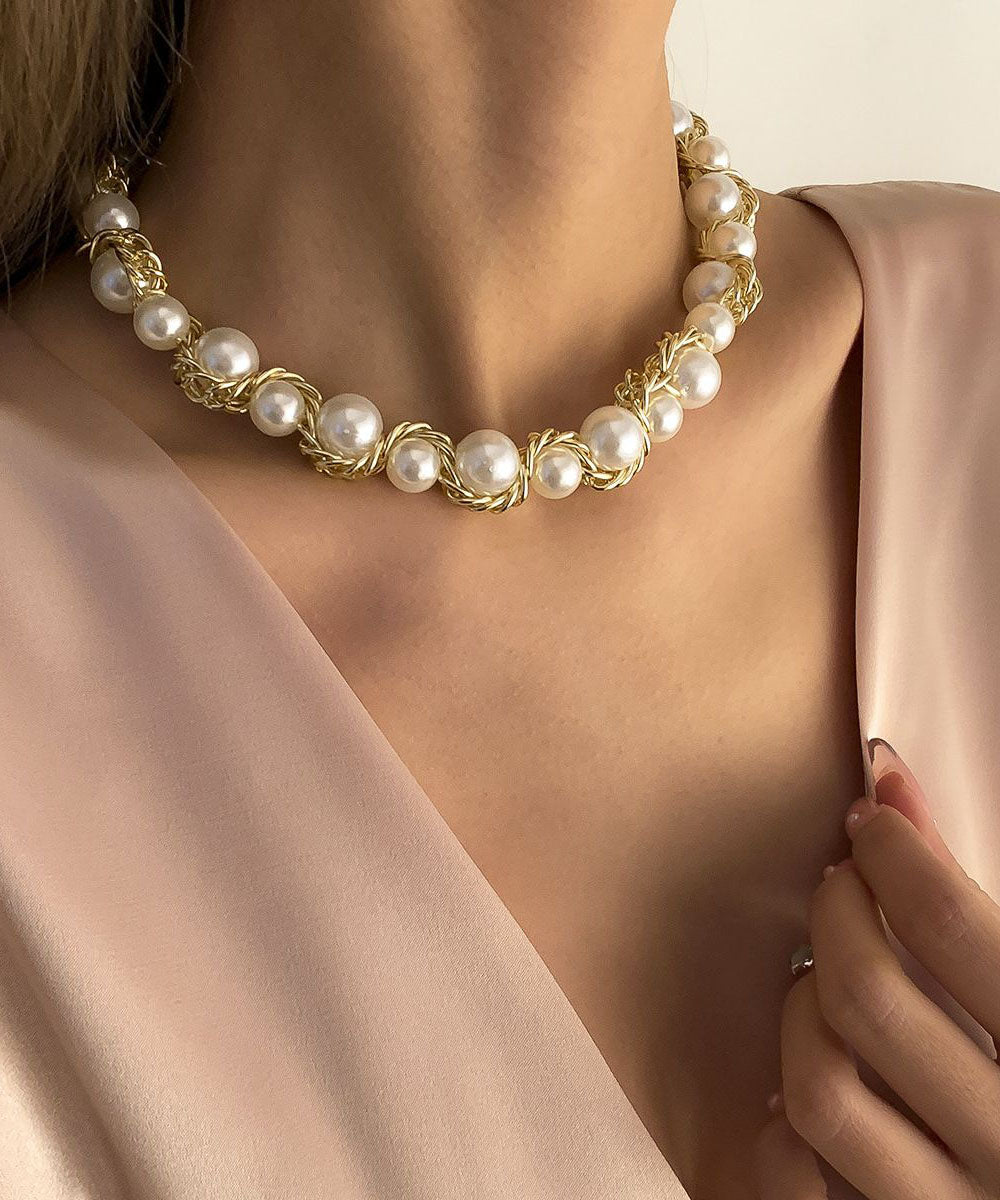 Gold Copper Alloy Pearl Gratuated Bead Necklace