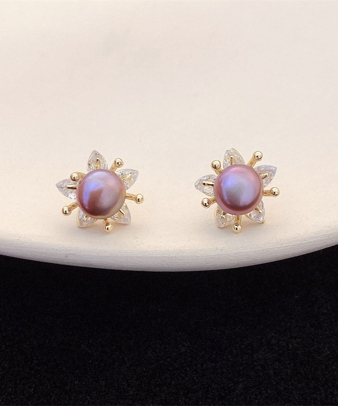 Art Purple Sterling Silver Overgild Pearl Stud Earrings