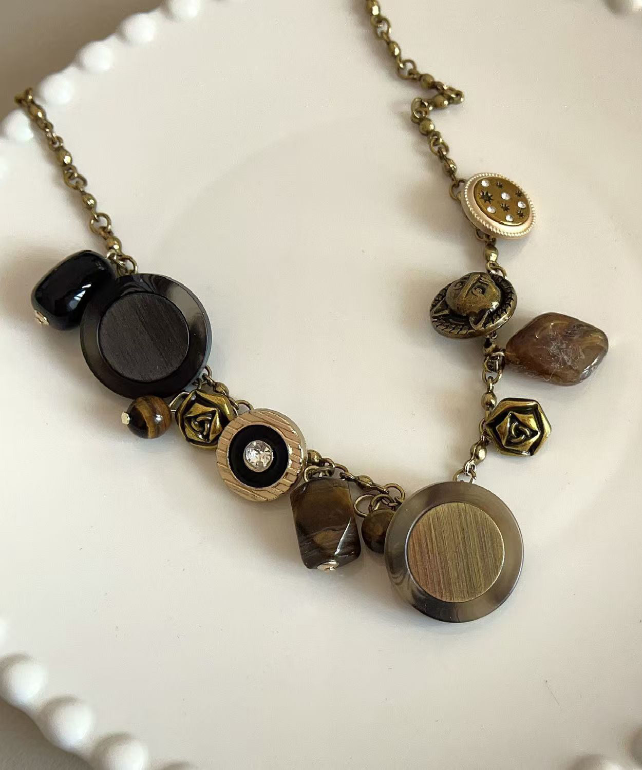 Gold Copper Tiger Eye Stone Tassel Necklace