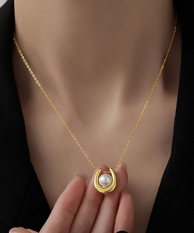Stylish Gold Sterling Silver Overgild U-shape Pearl Lariat Necklace