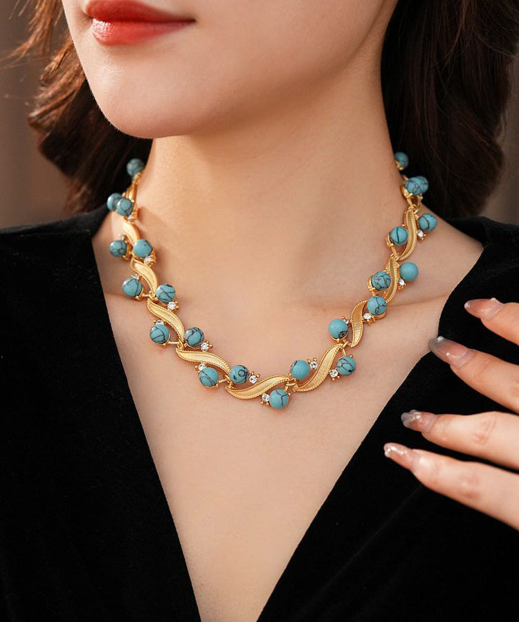 Blue Turquoise Alloy Zircon Gratuated Bead Necklace