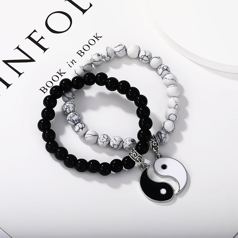 Buddha Stones 2pcs Black Onyx White Turquoise Bead Yin Yang Protection Couple Bracelet