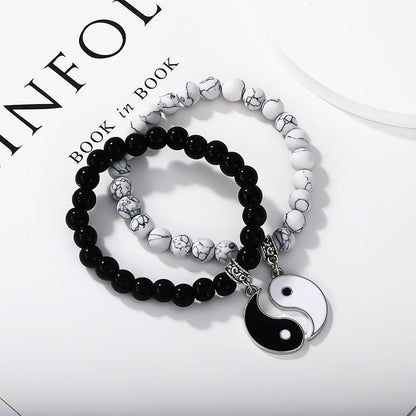 Buddha Stones 2pcs Black Onyx White Turquoise Bead Yin Yang Protection Couple Bracelet