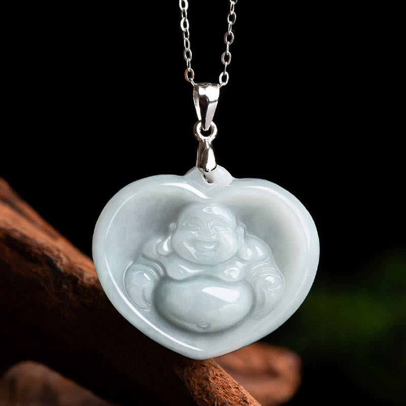 Buddha Stones Laughing Buddha White Jade Luck Blessing Titanium Steel Chain Necklace Pendant