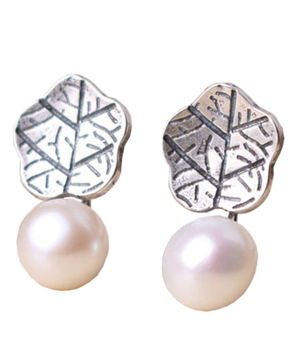 Silk Sterling Silver Pearl Lotus Leaf Stud Earrings