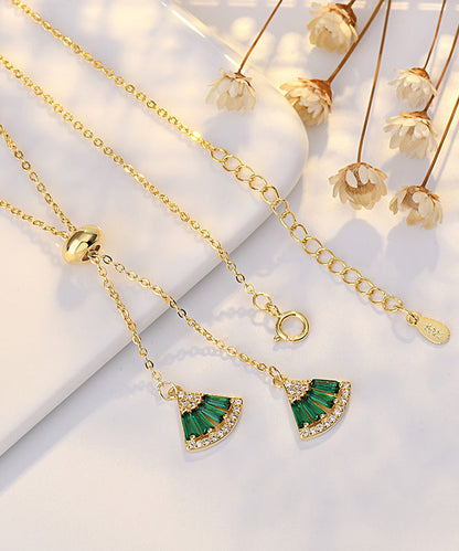 Green Copper Overgild Zircon Fan Shaped Pendant Necklace