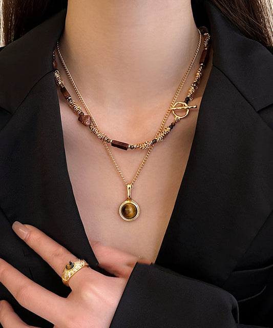 Modern Gold Copper Alloy Tiger's Eye Stone Pendant Necklace Two-piece Set
