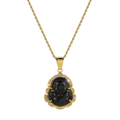 Buddha Stones 18k Gold Filled Laughing Buddha Jade Luck Necklace Chain Pendant