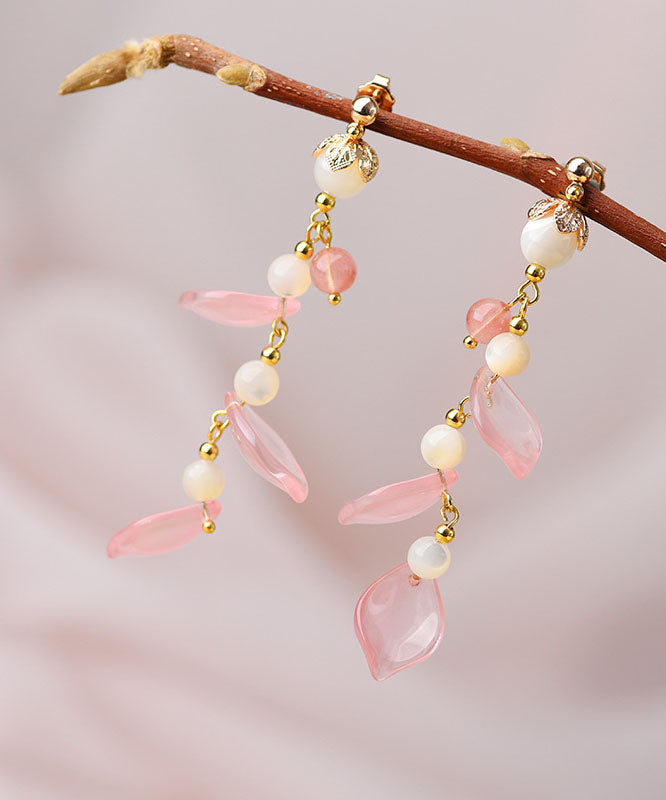 Pink Petal Crystal 14k Gold Drop Earrings