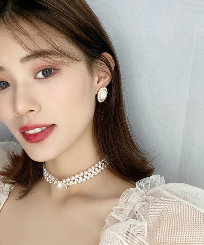 White Sterling Silver Overgild Zircon Pearl Stud Earrings