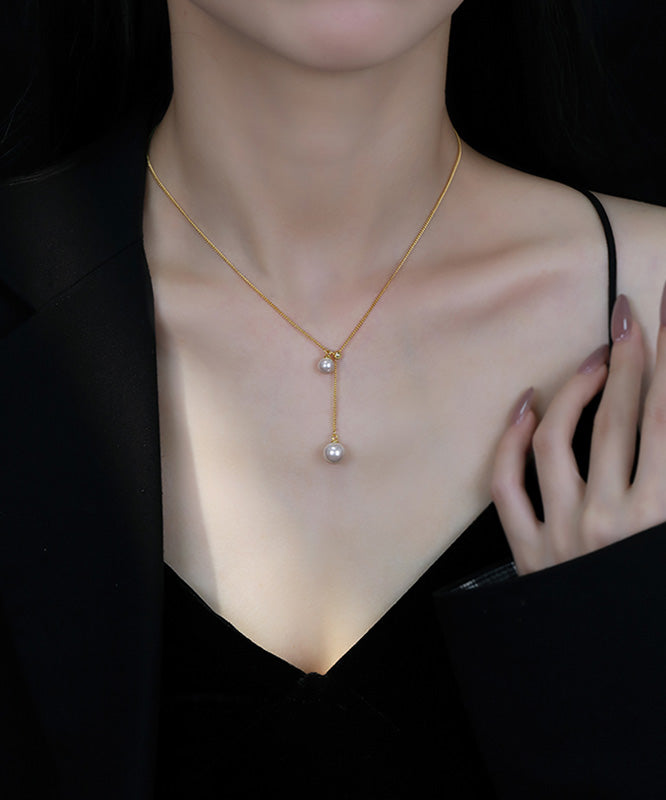 Stylish Gold Sterling Silver Overgild Pearl Retractable Pendant Necklace