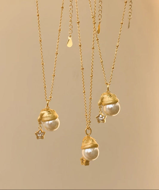 Fine Gold Copper Overgild Zircon Pearl Star Santa's Hat Pendant Necklace