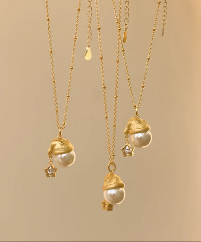 Fine Gold Copper Overgild Zircon Pearl Star Santa's Hat Pendant Necklace