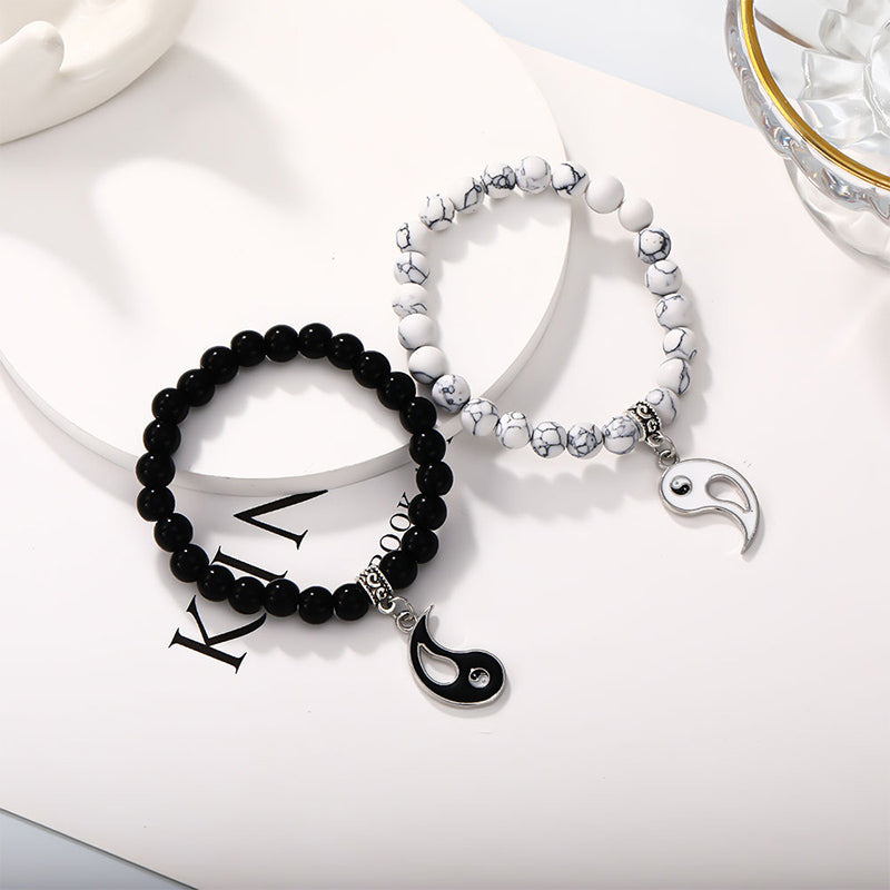 Buddha Stones 2pcs Black Onyx White Turquoise Bead Yin Yang Protection Couple Bracelet
