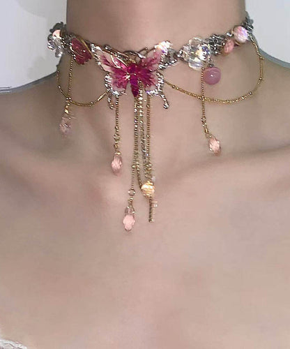 Style Pink Stainless Steel Butterfly Tassel Lariat Necklace
