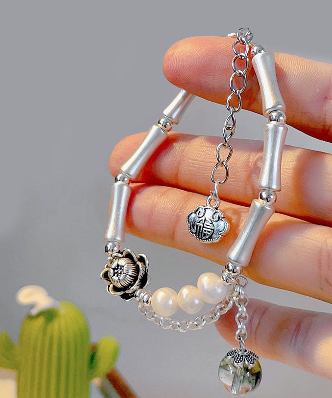 Silk Sterling Silver Pearl Crystal Bamboo Charm Bracelet