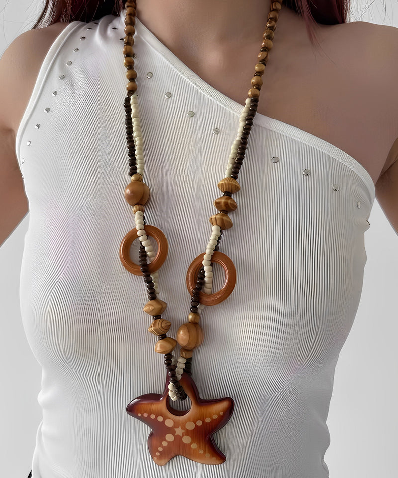 Brown Woodiness Starfish Beads Pendant Necklace