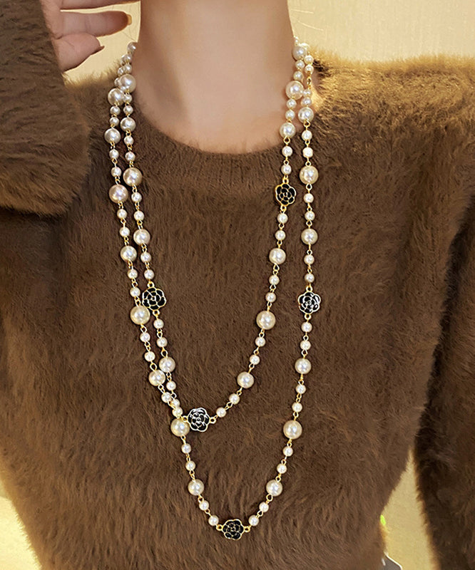White Sterling Silver Alloy Pearl Camellia Gratuated Bead Necklace
